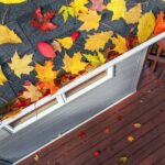 fall roof maintenance, autumn leaves in a gutter on a roof